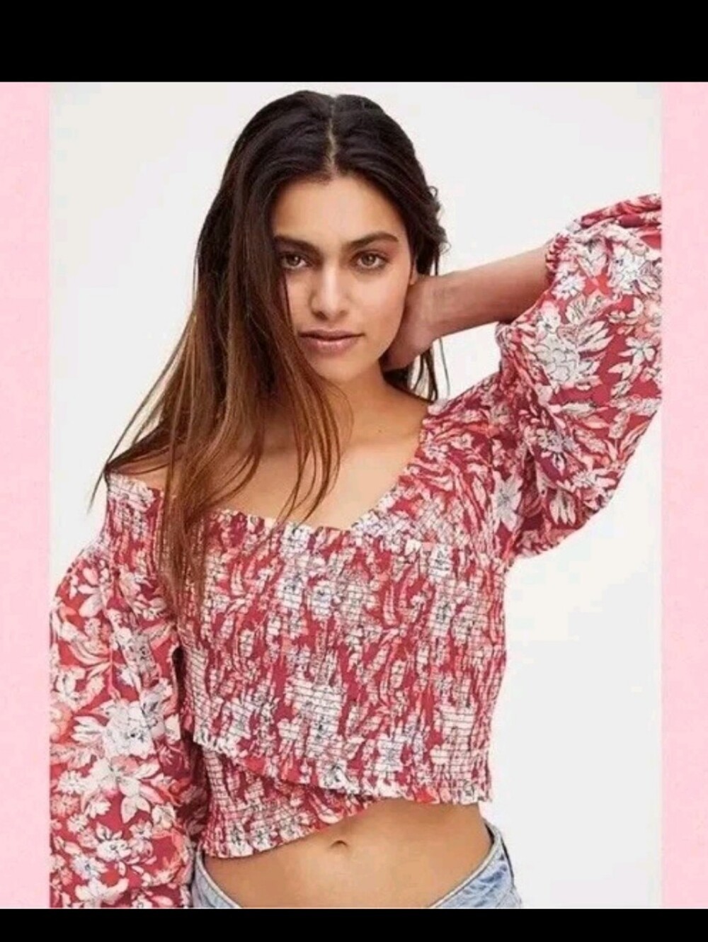 Free People Red Floral Smocked Off-Shoulder Crop Top
